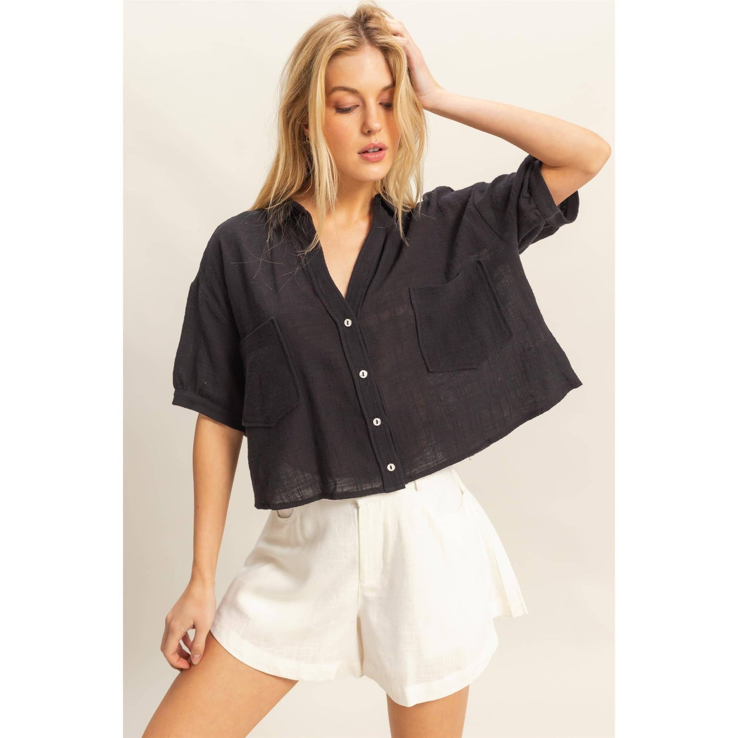 Short Sleeve Button-Front Crop Shirt -- BLACK
