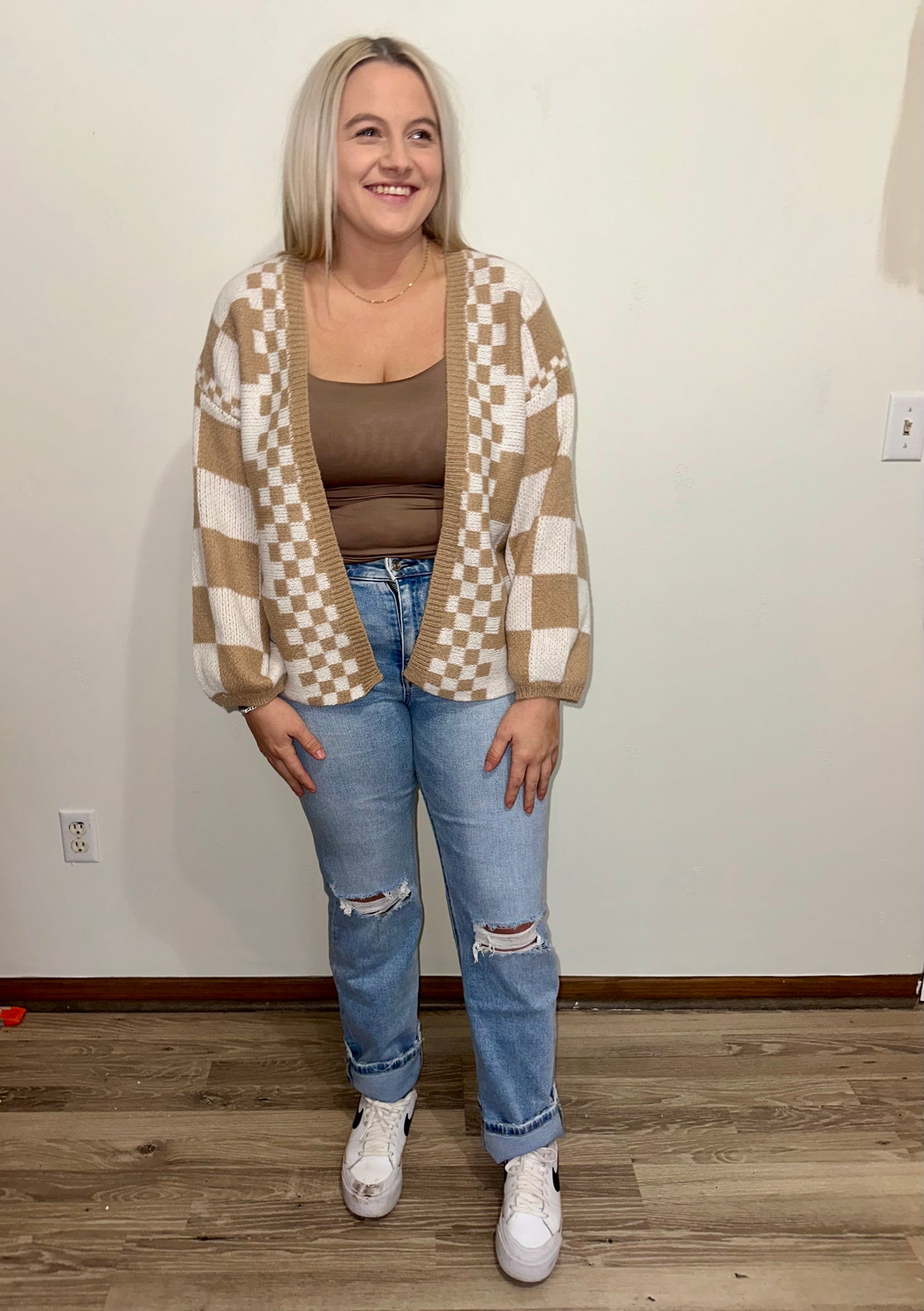 MIXED CHECKER KNIT DROP SHOULDER CARDIGAN